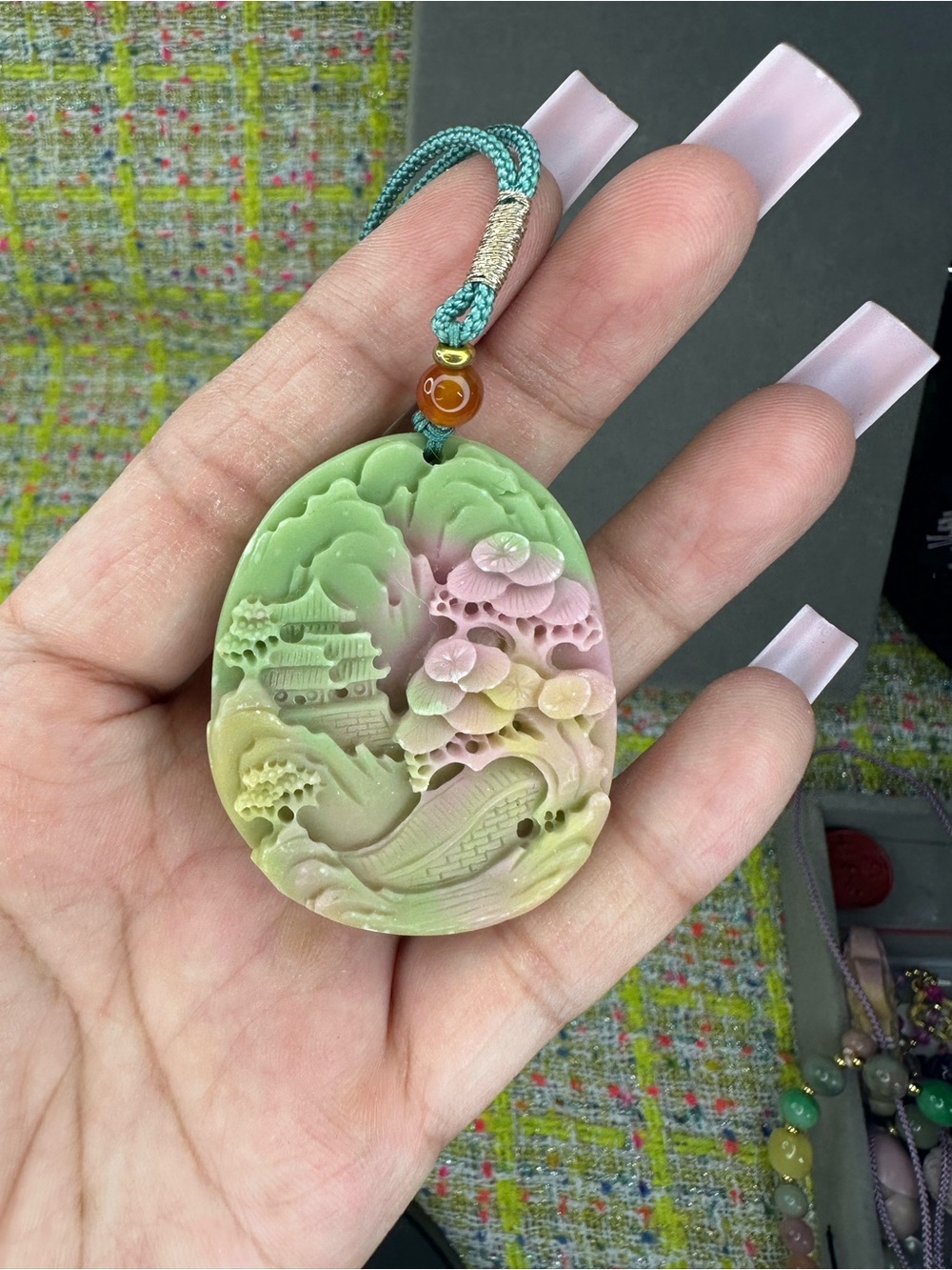 YanYuan Agate Hand-Carved Landscape Carving Pendant Necklace